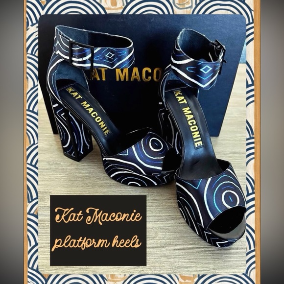 Kat Maconie Angel/Black Printed Satin Chunky High Heel Shoes like new size US 9